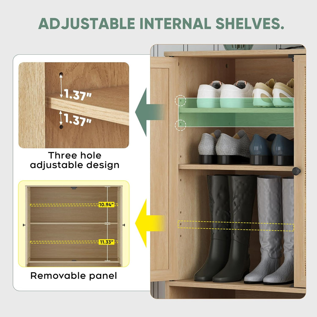 Rattan Shoe Storage Cabinet with 2 Doors, 39.5" Boho Shoe Organizer for Entryway with Adjustable Shelves and Open Cubby (fd) Multi Market World Inc.