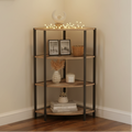 Corner shelf unit in a room with wooden flooring and a lamp.