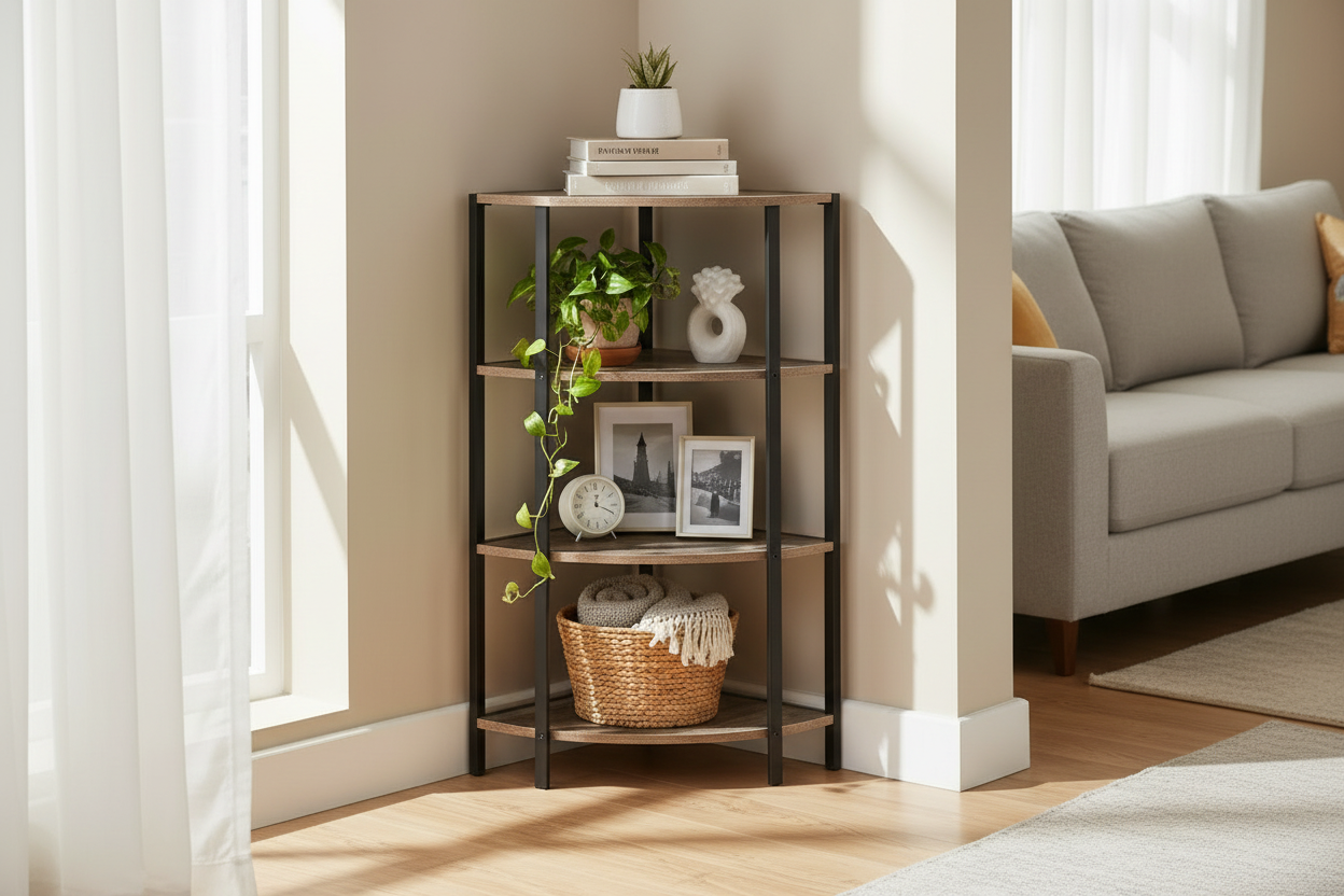Rustic Industrial Corne Rack – 4-Tier Slim Corner Storage Shelf (31-Inch) Multi Market World Inc.
