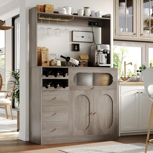 Kitchen Pantry Storage Cabinet with Hutch, Buffet Cabinet with Storage, Coffee Bar Cabinets with Power Outlets, Microwave Stand, Wine Racks, Wash Gray