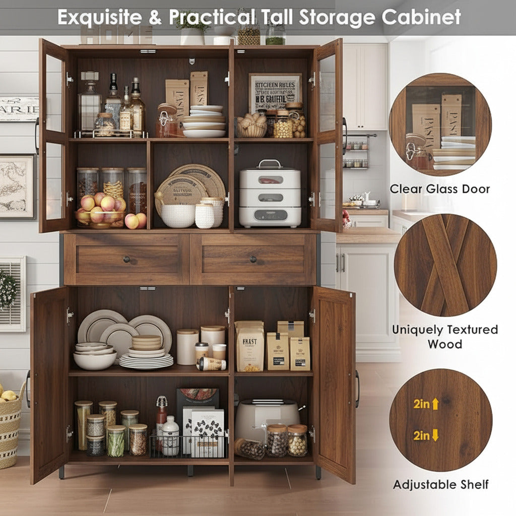 41.3" Large Kitchen Pantry Cabinet with Clear Glass Doors, 2 Drawers & Adjustable Shelves, Freestanding Storage Hutch with Metal Frame, Rustic Brown Multi Market World Inc.