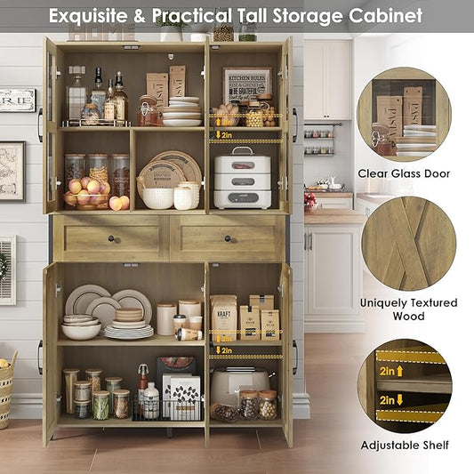 41.3" Large Kitchen Pantry Cabinet with Clear Glass Doors, 2 Drawers & Adjustable Shelves, Freestanding Storage Hutch with Metal Frame for Living Room, Dining Room, and Kitchen, Rustic Brown