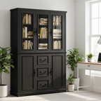 47.2" Large Kitchen Pantry Cabinet with Glass Doors, Hutch, and Drawers - Black Wood Grain Storage Cupboard for Dining Room and Living Room Multi Market World Inc.