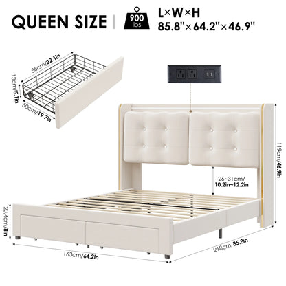 Queen Size LED Bed Frame with Drawer, Velvet Crystal Button Upholstered Platform Bed Frame with Outlets and USB Ports & Display Platform, No Box Spring Needed, Beige