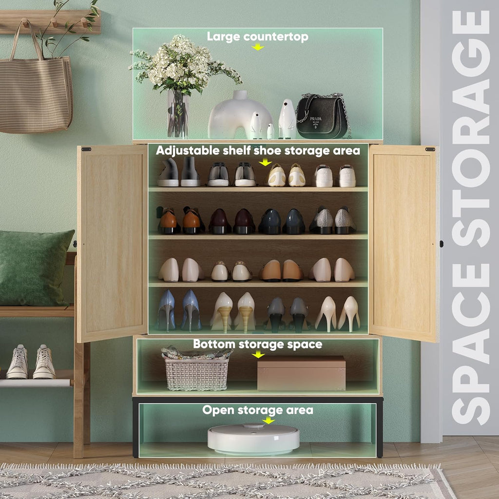 Rattan Shoe Storage Cabinet with 2 Doors, 39.5" Boho Shoe Organizer for Entryway with Adjustable Shelves and Open Cubby (fd) Multi Market World Inc.
