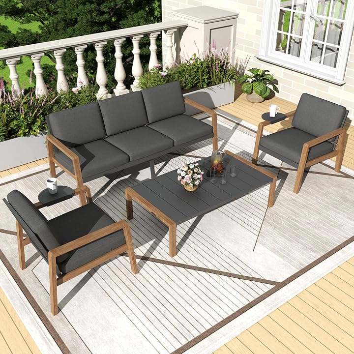 4-Piece Modern Outdoor Patio Furniture Set - 80" 3-Seat Sofa, 2 Ergonomic Armchairs with Adjustable Trays, and Large Metal Slat Coffee Table Multi Market World Inc.