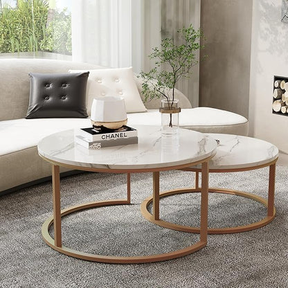 Round Coffee Table Set of 2, Stacking Modern End Table Center Table with Gold Metal Frame and Faux Marble Top