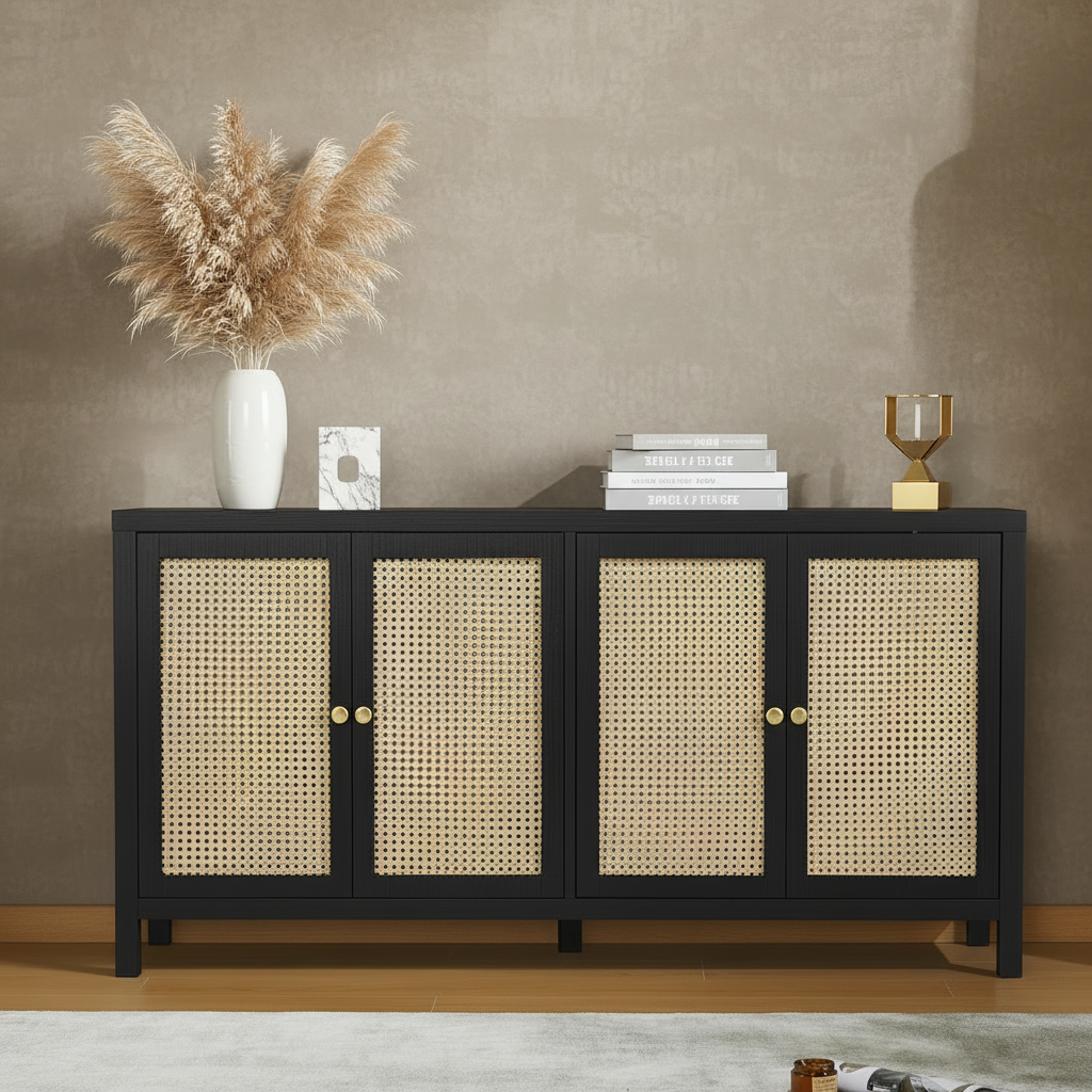A modern sideboard cabinet with black wood framing and four woven cane doors, styled in a room setting with a vase of flowers, a framed print, books, and decorative objects on top.