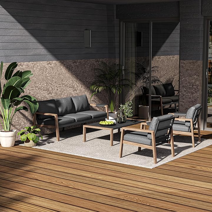 4-Piece Modern Outdoor Patio Furniture Set - 80" 3-Seat Sofa, 2 Ergonomic Armchairs with Adjustable Trays, and Large Metal Slat Coffee Table Multi Market World Inc.