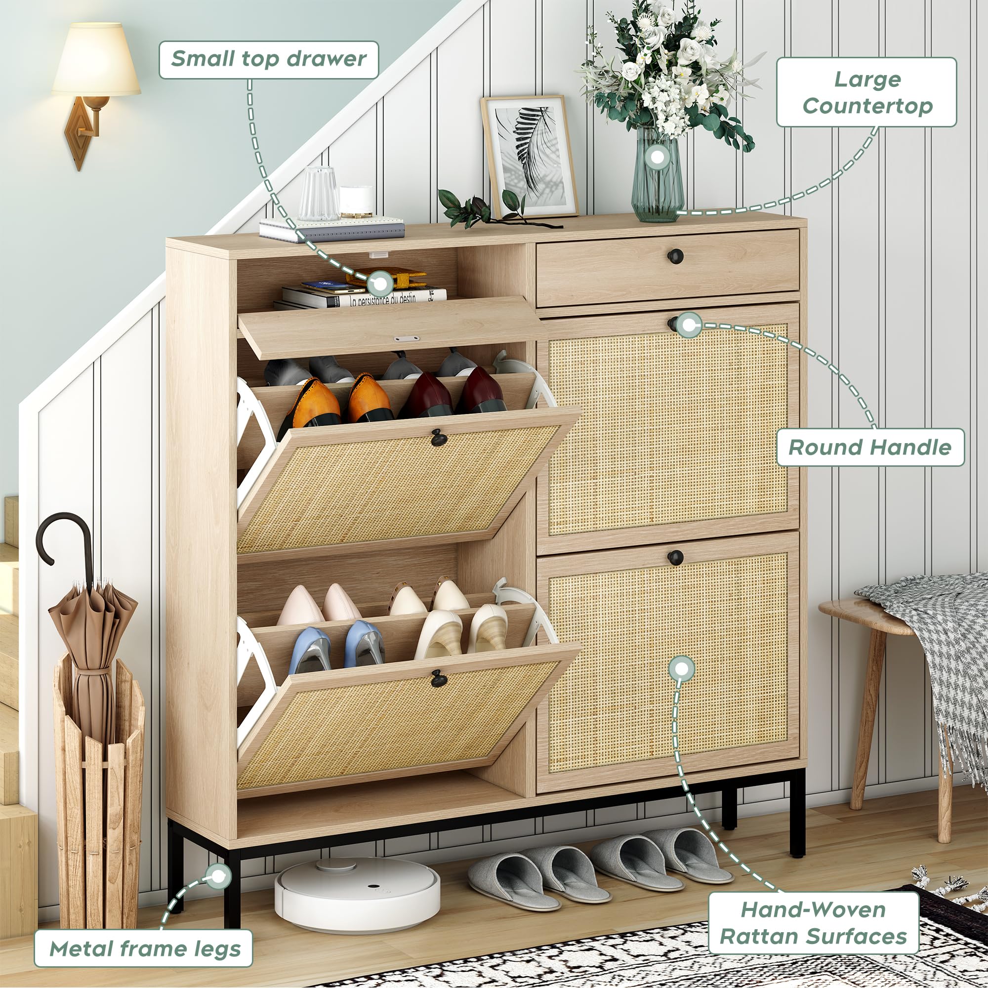Rattan Shoe Storage Cabinet with 4 Flip Drawers & 2 Top Drawers, Modern Shoe Organizer Entryway Furniture with Metal Legs (fd) Multi Market World Inc.