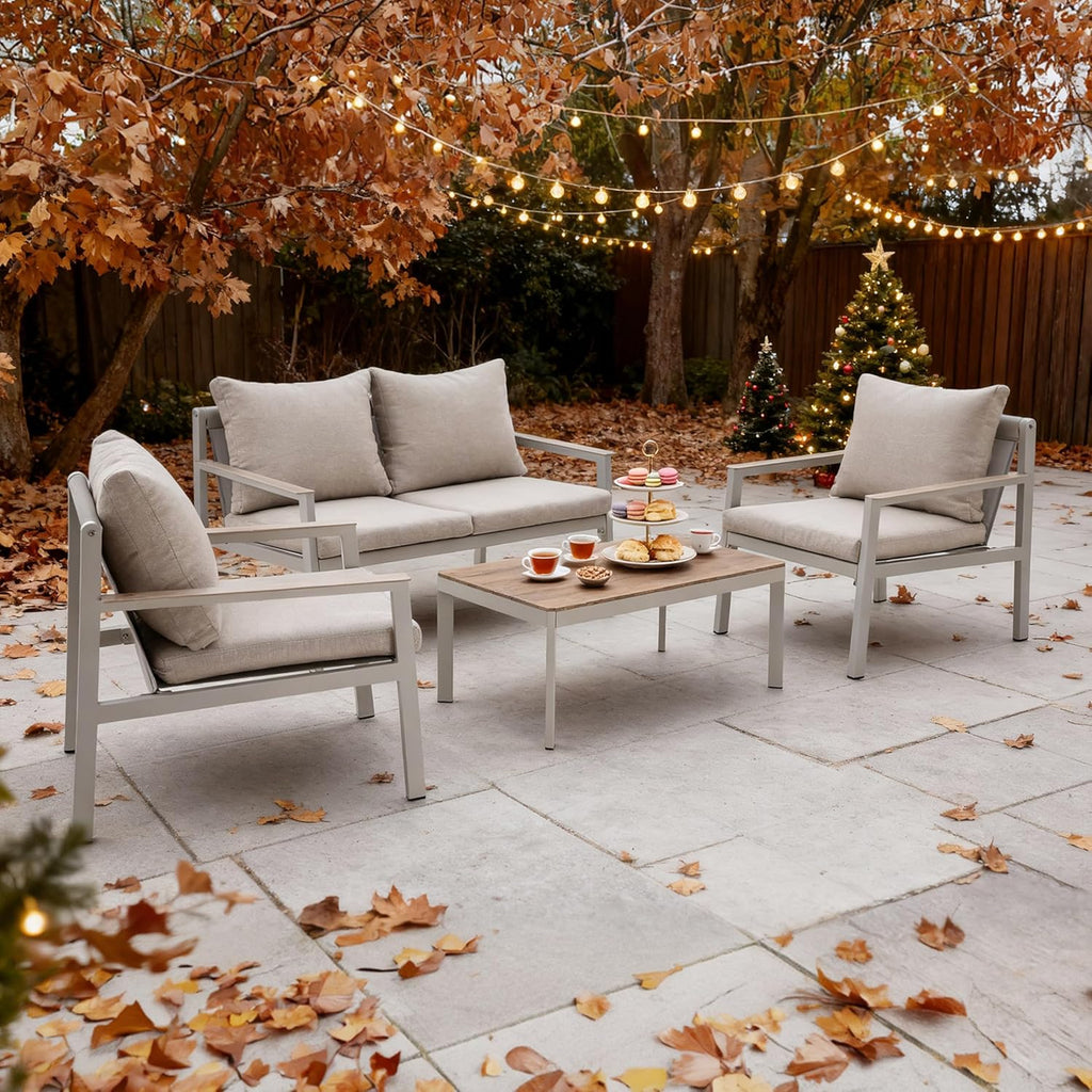 4-Piece Patio Furniture Set with All-Aluminum Rust-Resistant Frame, 2 Accent Chairs, Loveseat, and Faux Teak Coffee Table (fd) Multi Market World Inc.