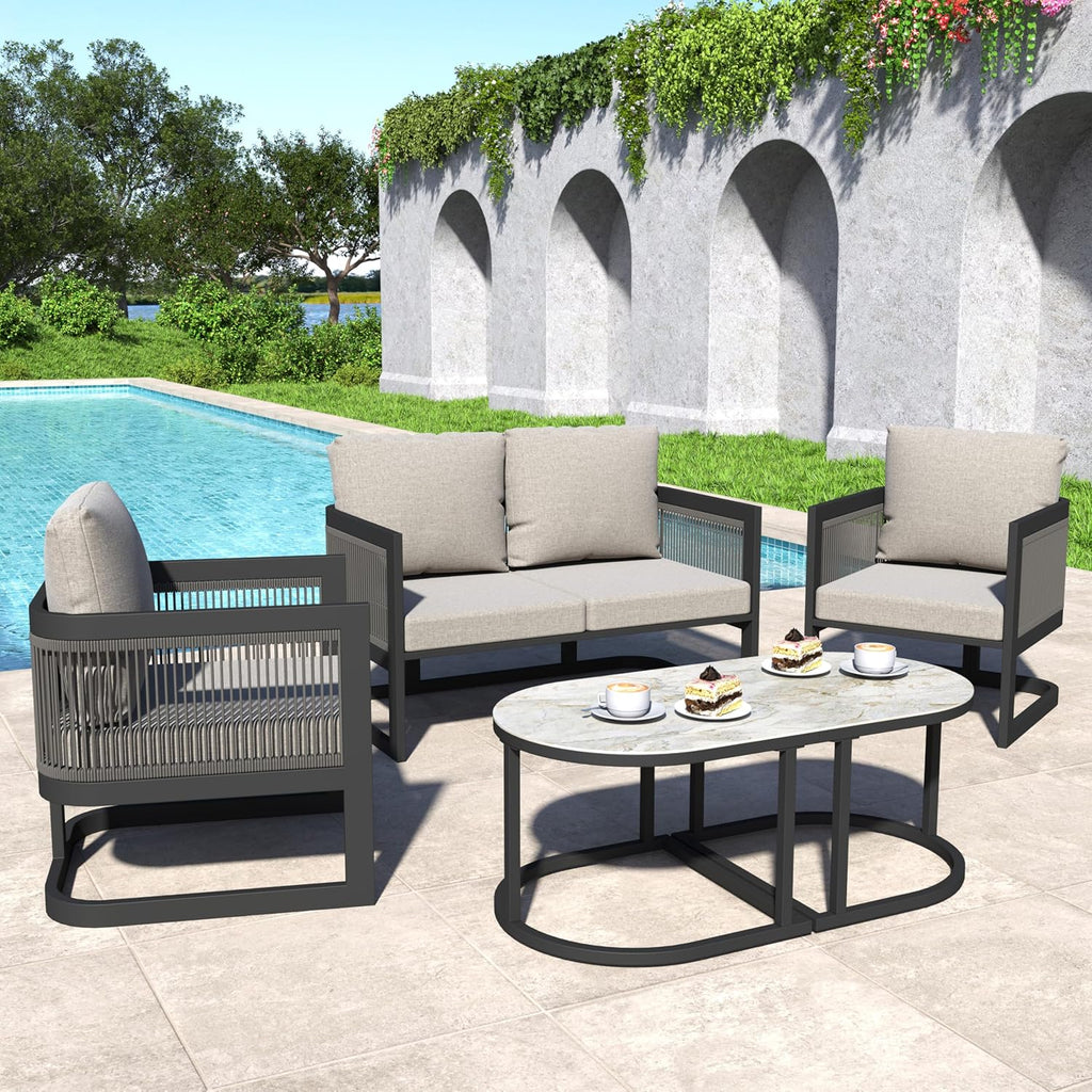 5-Piece Patio Furniture Set with 2-Seater Loveseat, 2 Accent Chairs, and Modular Marble-Style Tempered Glass Coffee Tables Multi Market World Inc.
