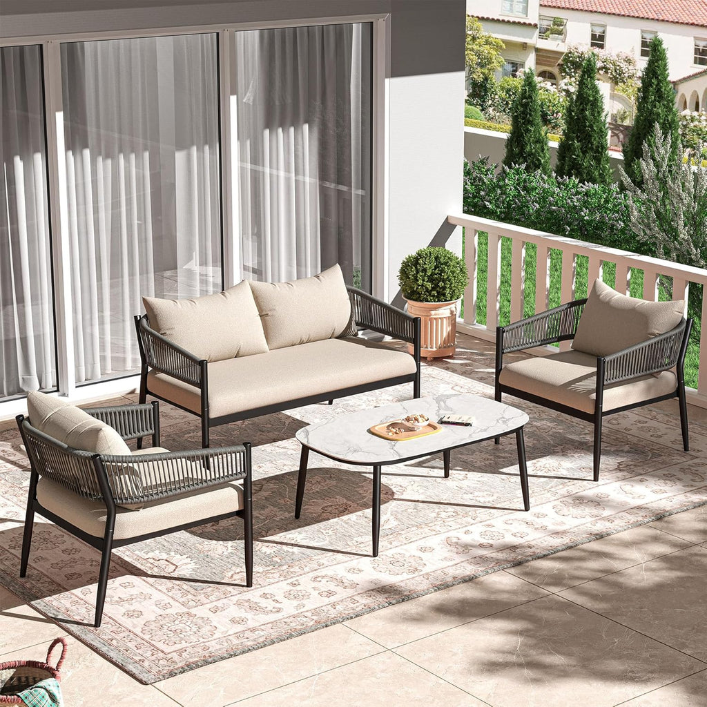 4-Piece Modern Outdoor Patio Furniture Set - All-Weather Rope Loveseat, 2 Accent Chairs, and Faux Marble Coffee Table with 4.5" Thick Cushions Multi Market World Inc.
