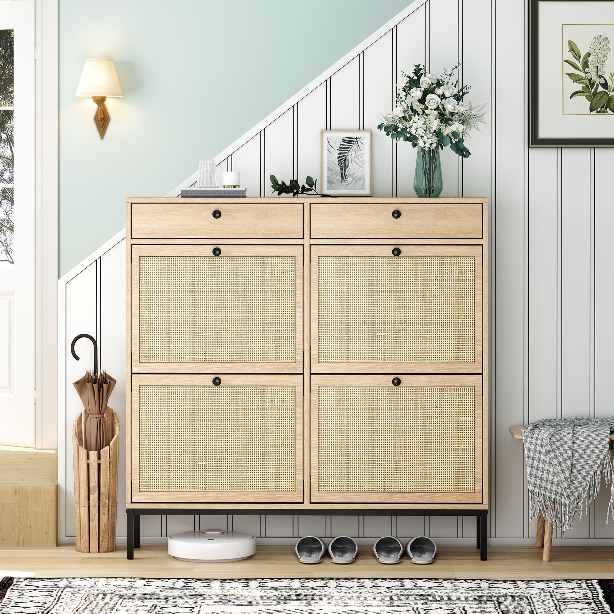 Rattan Shoe Storage Cabinet with 4 Flip Drawers & 2 Top Drawers, Modern Shoe Organizer Entryway Furniture with Metal Legs (fd) Multi Market World Inc.