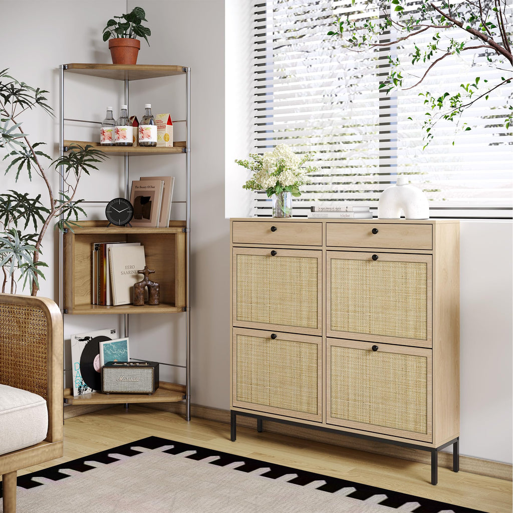 Rattan Shoe Storage Cabinet with 4 Flip Drawers & 2 Top Drawers, Modern Shoe Organizer Entryway Furniture with Metal Legs (fd) Multi Market World Inc.