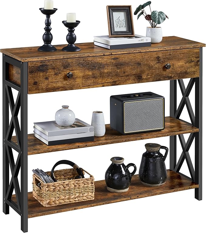 Industrial Console Table with Drawer – 100cm Narrow Entry Table with 2-Tier Storage Shelves and Metal Frame, Taupe Wood Multi Market World Inc.