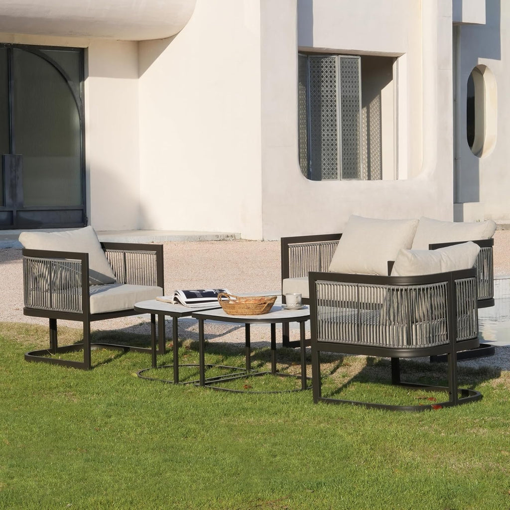5-Piece Patio Furniture Set with 2-Seater Loveseat, 2 Accent Chairs, and Modular Marble-Style Tempered Glass Coffee Tables Multi Market World Inc.