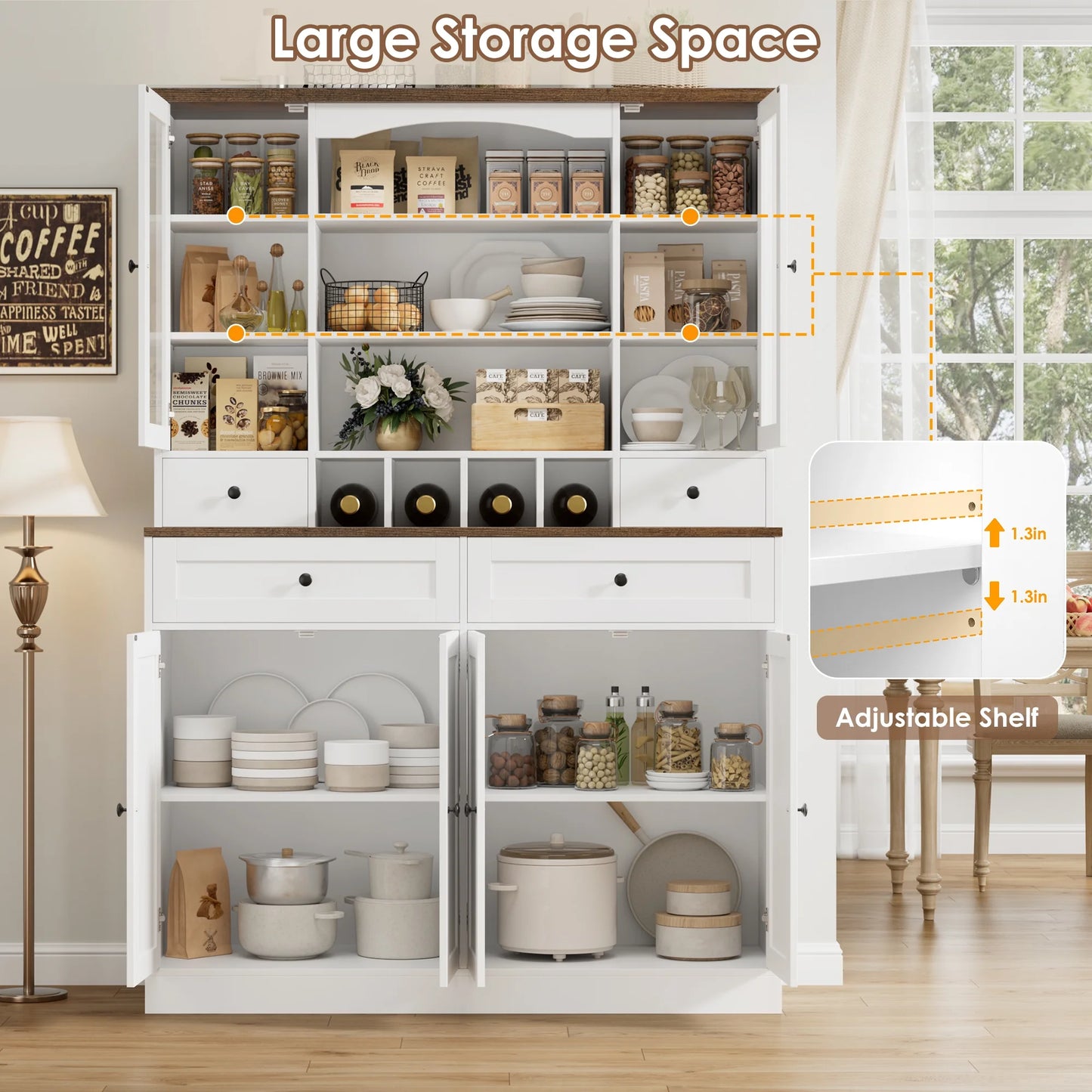 70.9'' Kitchen Pantry Cabinet, Freestanding Cupboard with Removable Wine Rack and Shelves, for Living Dining Room, White