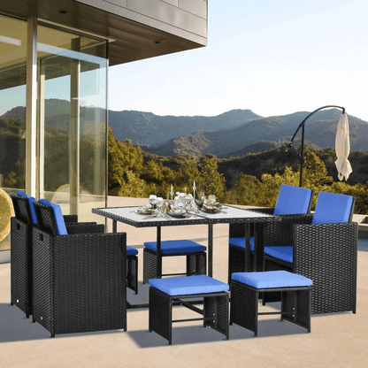 9 Piece Patio Wicker Dining Set Rattan Garden Sectional Sofa Outdoor Space-Saving Armchair & Ottoman Furniture Sets w/ Cushion