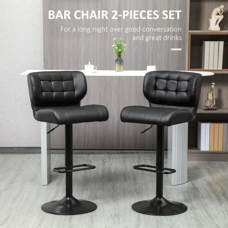 Adjustable Bar Stools Set of 2, Swivel Tufted PU Leather Barstools with Footrest and Back, for Kitchen Counter and Dining Room, Black
