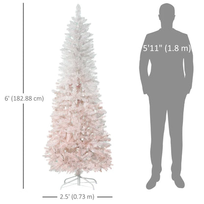 6ft Pencil Artificial Christmas Tree with Pine Realistic Branches, Auto Open, Pink and White