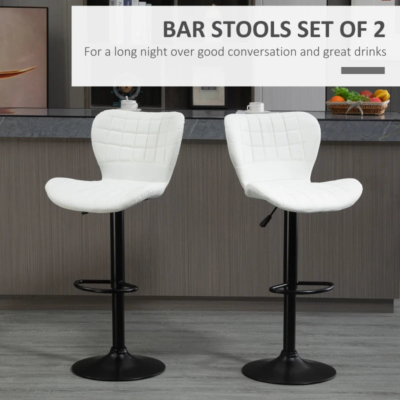 Bar Stools Set of 2 Adjustable Height Swivel Bar Chairs in PU Leather with Backrest & Footrest, White