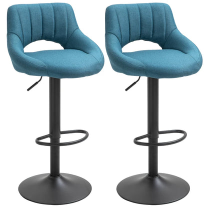 Bar Stools Set of 2, Swivel Counter Height Barstools with Adjustable Height, Linen Upholstered Bar Chairs with Round Metal Base and Footrest, Blue
