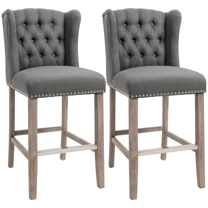 Bar Stools Set of 2, Upholstery Padded Chairs Tufted Nail Head Decoration with Stainless Steel Footrest, Wood Legs for Home Dining Use, Dark Grey
