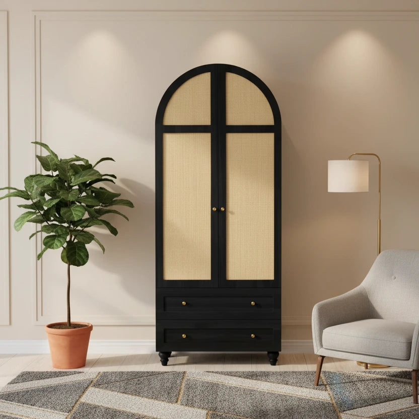 74.8" Tall Rattan Wardrobe Armoire with 2 Drawers, Boho Storage Cabinet Multi Market World Inc.