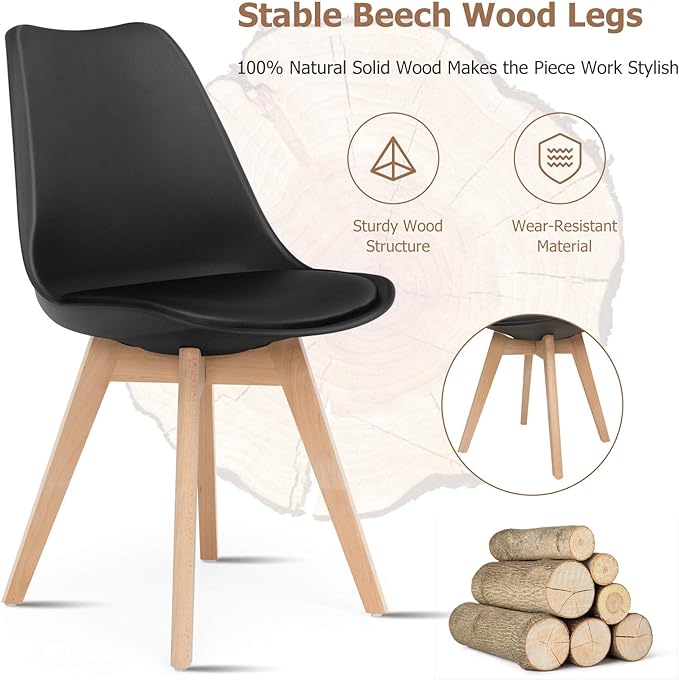 Dining Chairs Set of 4 Black Plastic Kitchen Counter Chairs with Faux Leather Padded Seat Solid Wood Legs Multi Market World Inc.