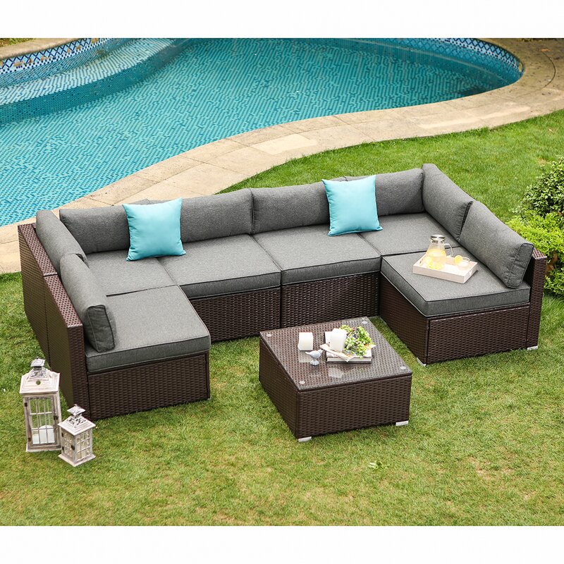 MMW 7 Pieces Outdoor Patio Wicker Sectional Conversation Sofa Set w/ Cushions & Coffee Table, Grey