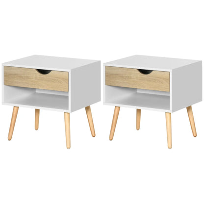 Set of 2 Bedside Table with Drawer and Shelf, Modern Nightstand, End Table for Bedroom, White