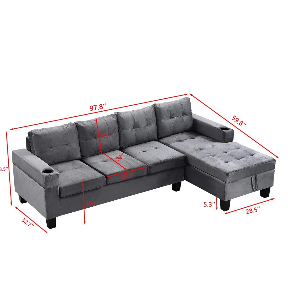 97.8" L-Shaped Velvet Sectional Sofa with Storage Chaise and Built-In Cup Holders Multi Market World Inc.