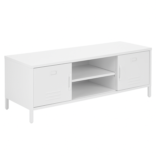 Metal TV Stand with Storage Cabinets, 135.9 cm Wide, White, 2 Doors and Open Shelves for Living Room, up to 60 Inch TV