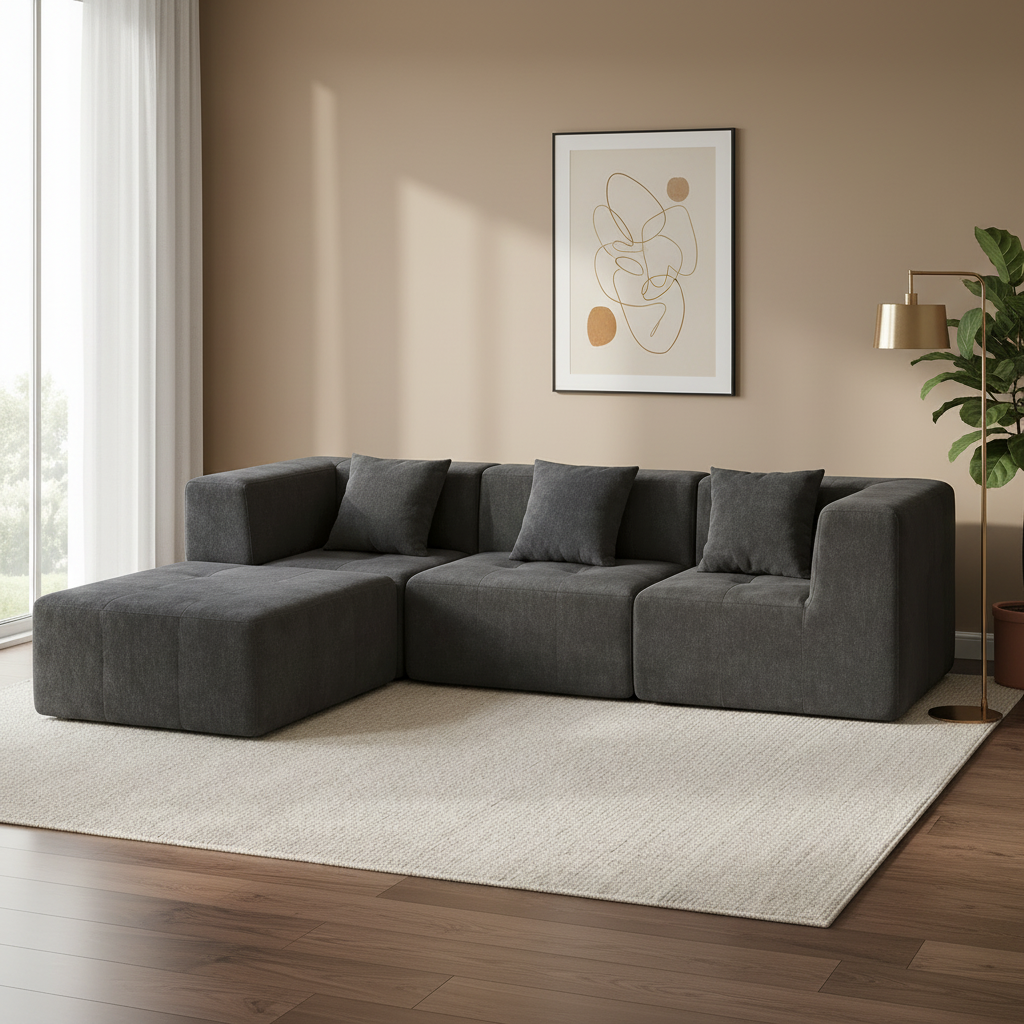A dark gray modular sectional sofa with matching throw pillows, arranged on a light beige textured rug in a bright, modern living room with a large window and abstract wall art.