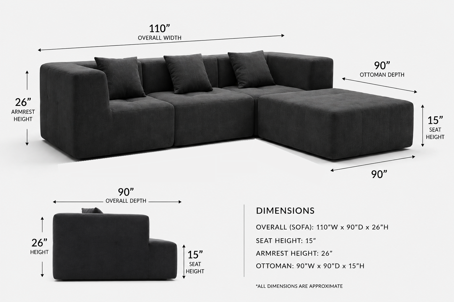 4-Piece Modern Boneless Modular Sectional Sofa with Large Ottoman (110" W) – Charcoal Grey Multi Market World Inc.
