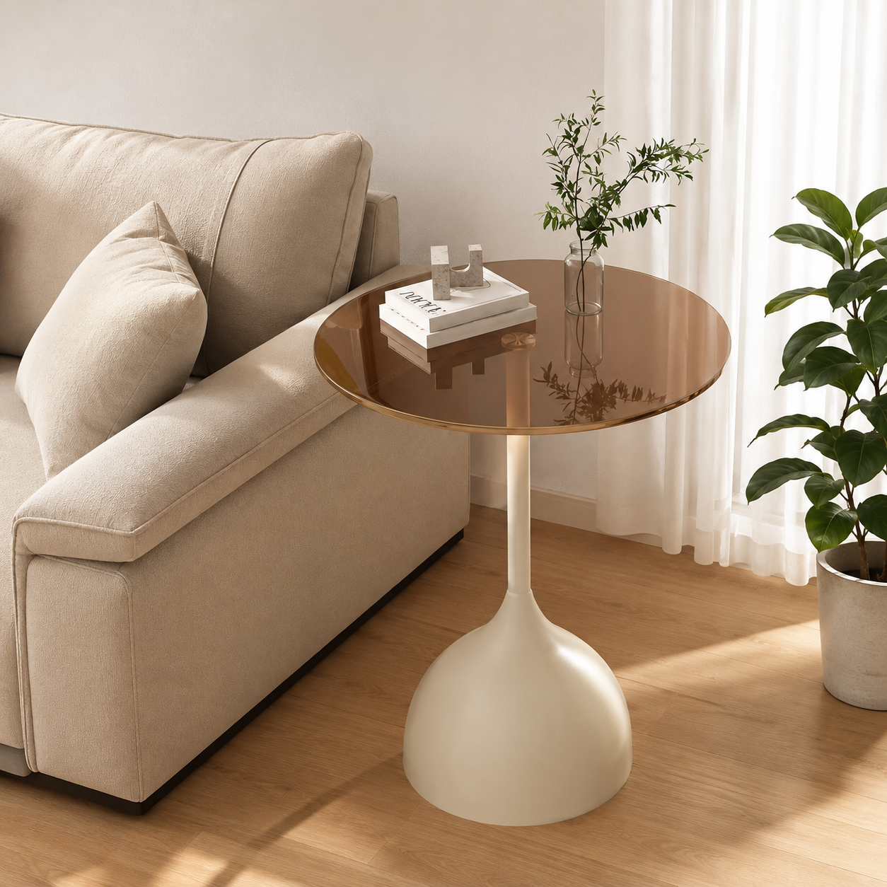 Round Glass Top Side Table, Cream Base & Tinted Brown Accent Table Multi Market World Inc.