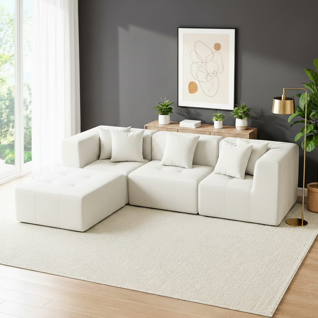 A modern white sectional sofa with matching throw pillows and a tufted chaise ottoman, styled in a bright, minimalist living room with a large cream rug, wooden floor, and a gold floor lamp.