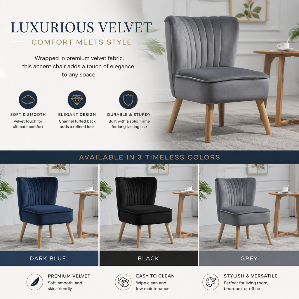 Velvet Armless Chair, Modern Accent Chair for Living Room with Wood Legs and Thick Padding, Grey Multi Market World Inc.
