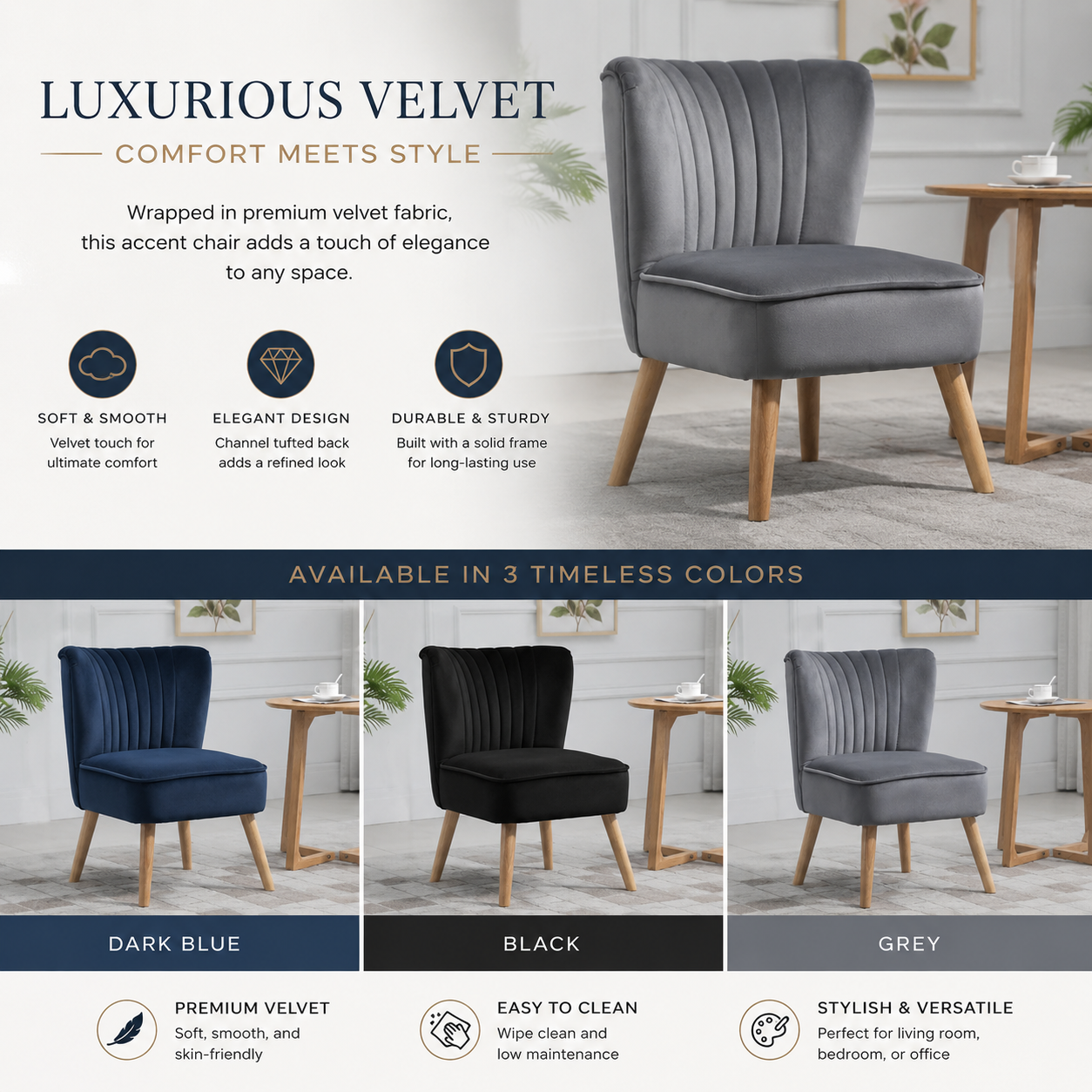 Velvet Armless Chair, Modern Accent Chair for Living Room with Wood Legs and Thick Padding, Grey Multi Market World Inc.