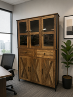 41.3" Large Kitchen Pantry Cabinet with Clear Glass Doors, 2 Drawers & Adjustable Shelves, Freestanding Storage Hutch with Metal Frame, Rustic Brown Multi Market World Inc.
