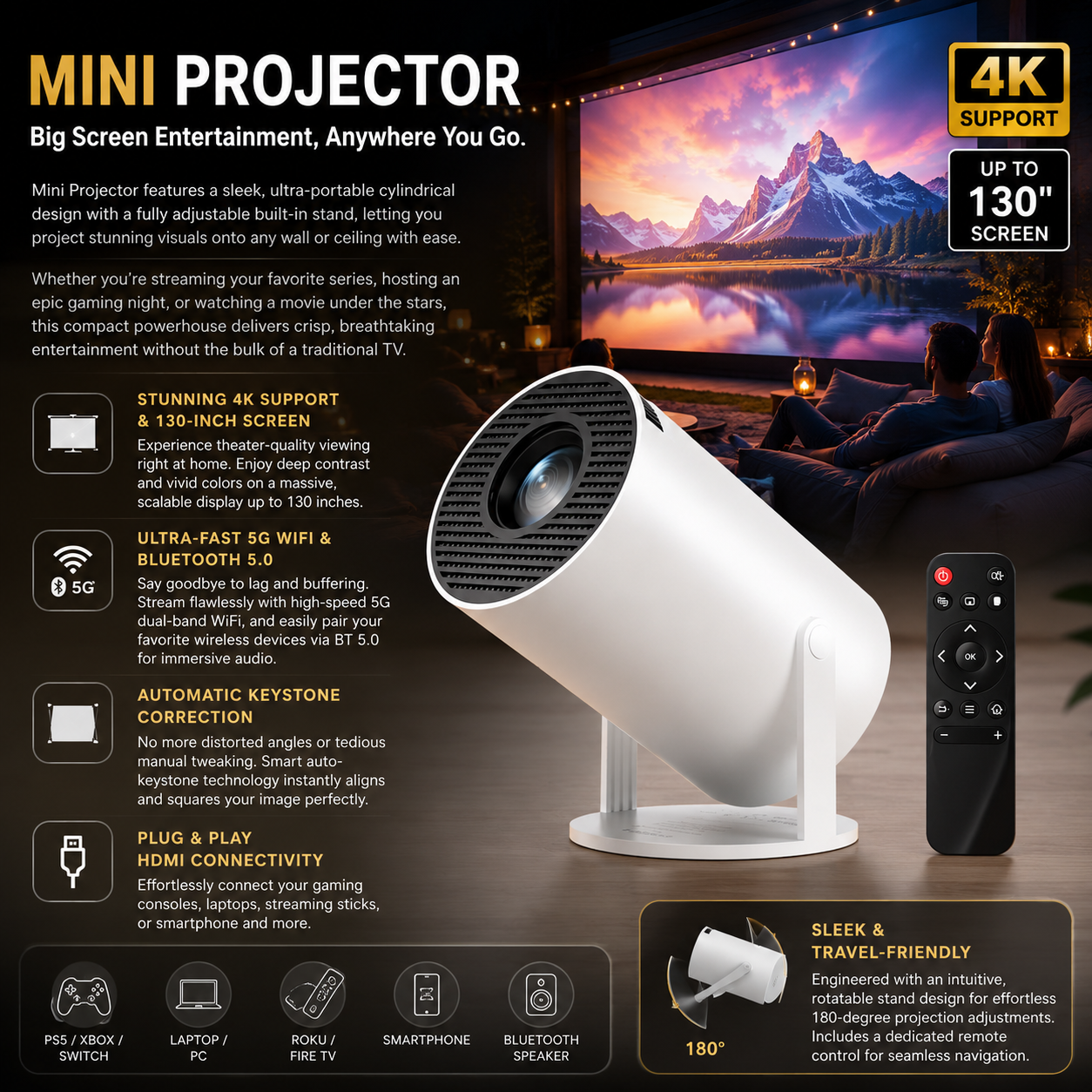 Mini Projector with 5G WiFi & Bluetooth 5.0, 4K Support, Auto Keystone, 130" Display Home Theater Multi Market World Inc.