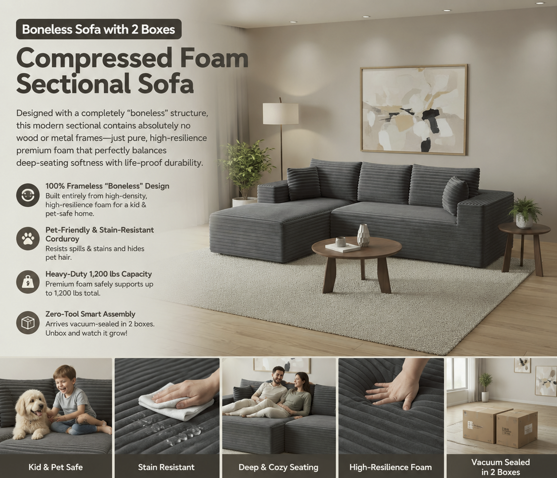 Advertisement for a compressed foam sectional sofa with specifications and features.