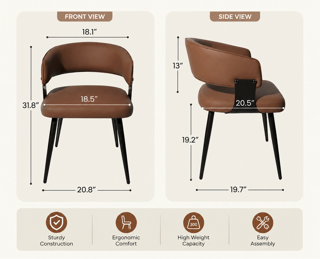 Brown chair with measurements and capacity details on a white background