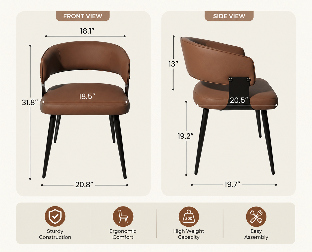 Brown chair with measurements and capacity details on a white background