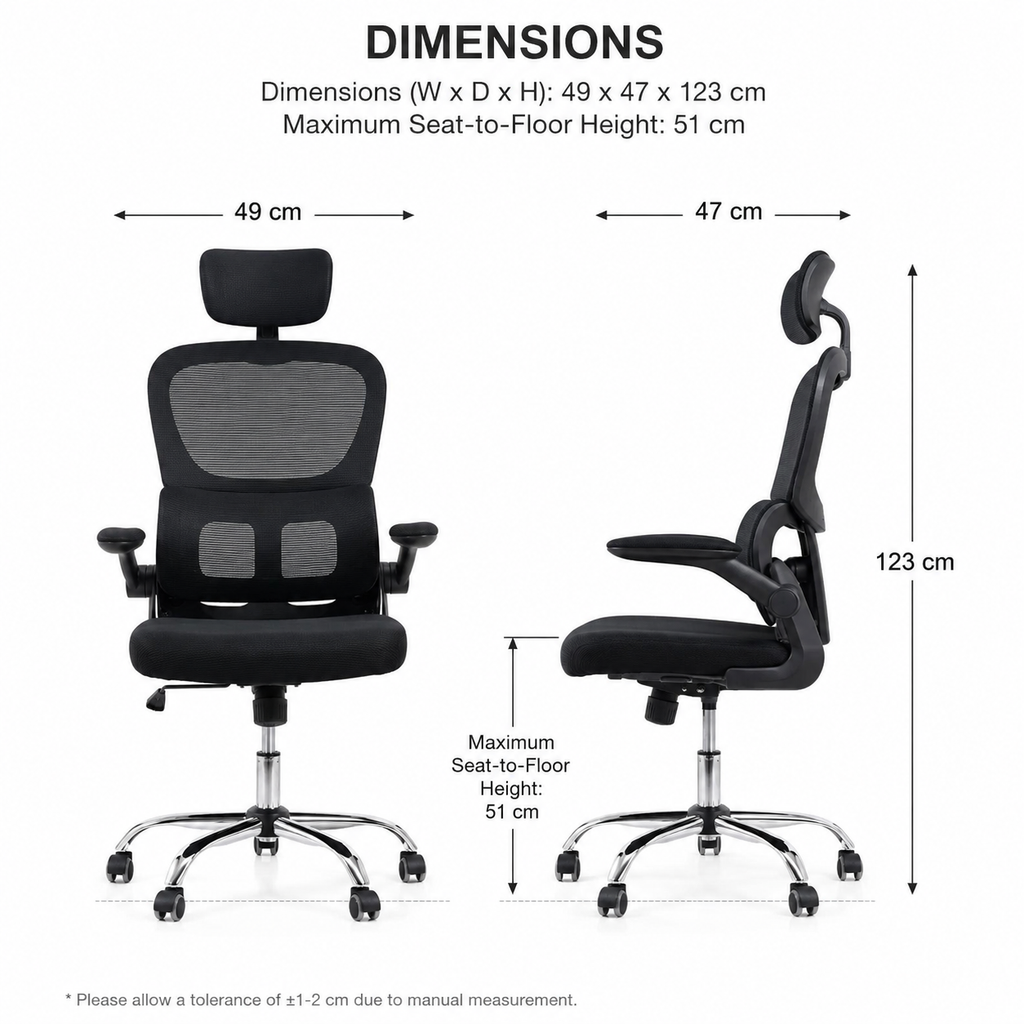 Black office chair with dimensions labeled on a white background