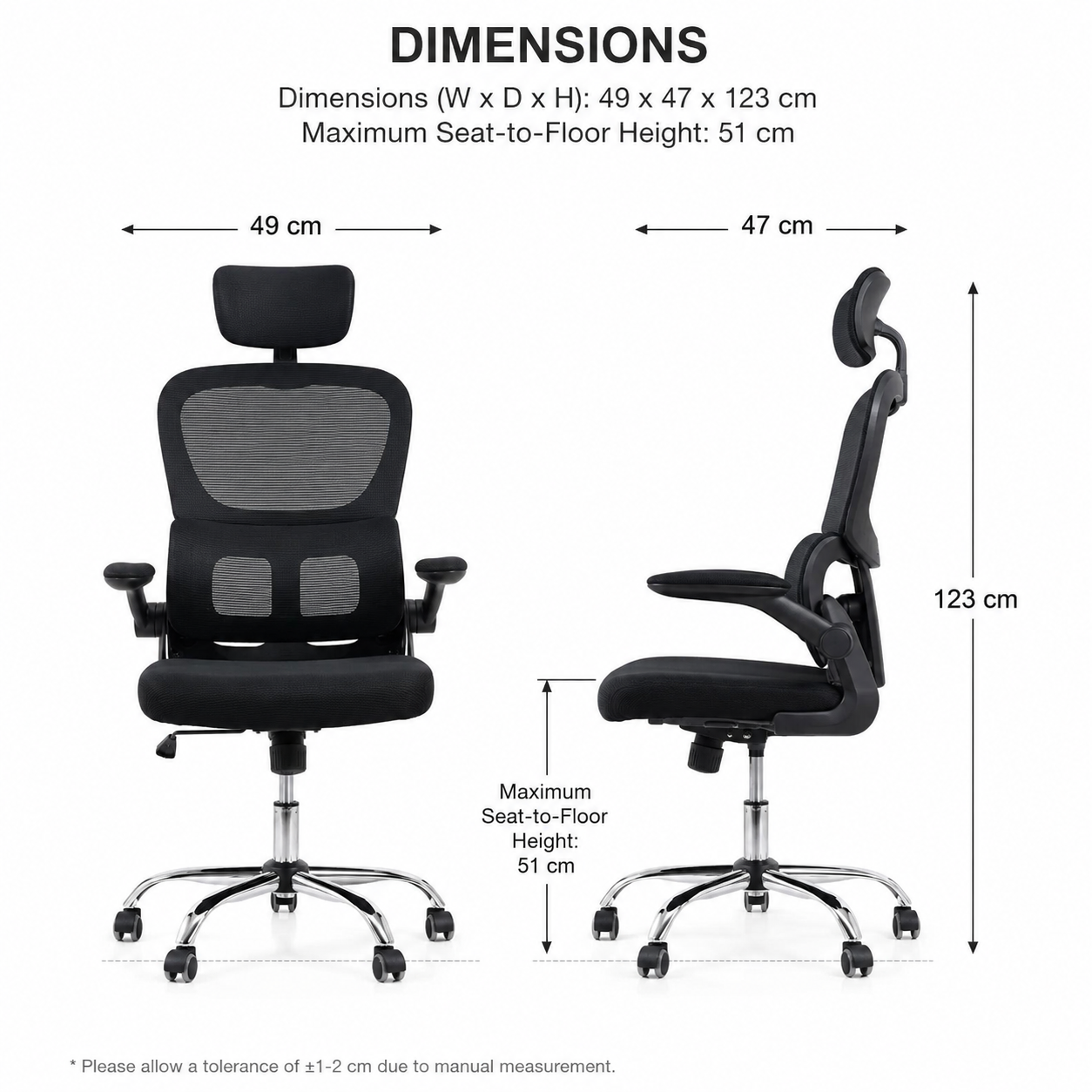 Black office chair with dimensions labeled on a white background