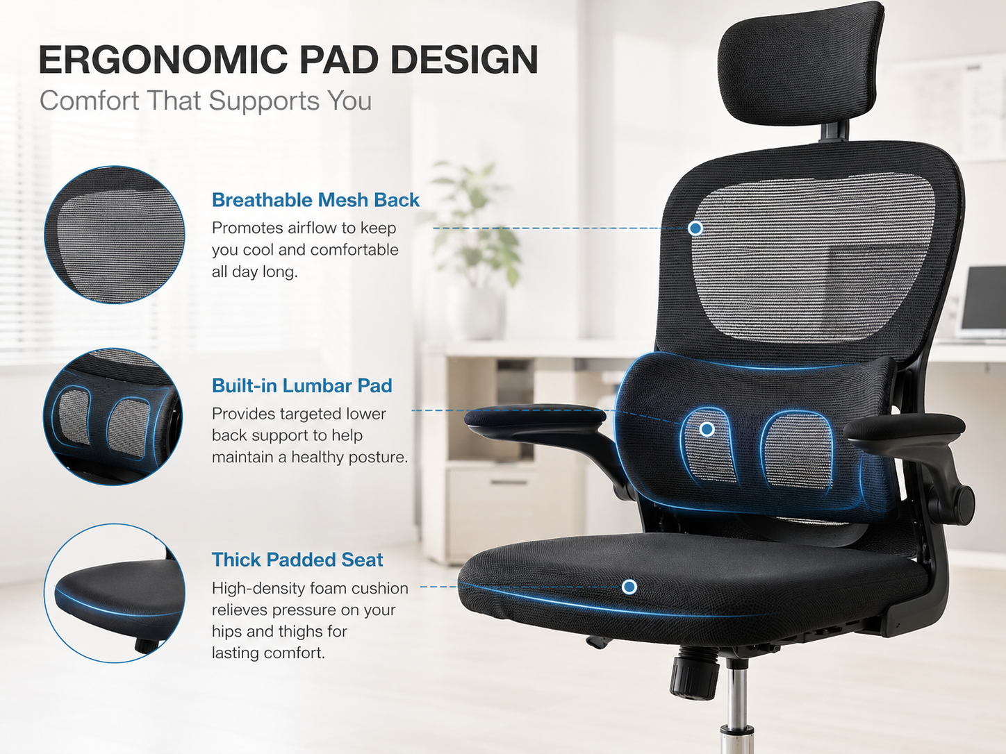 Ergonomic office chair with features highlighted on a white background