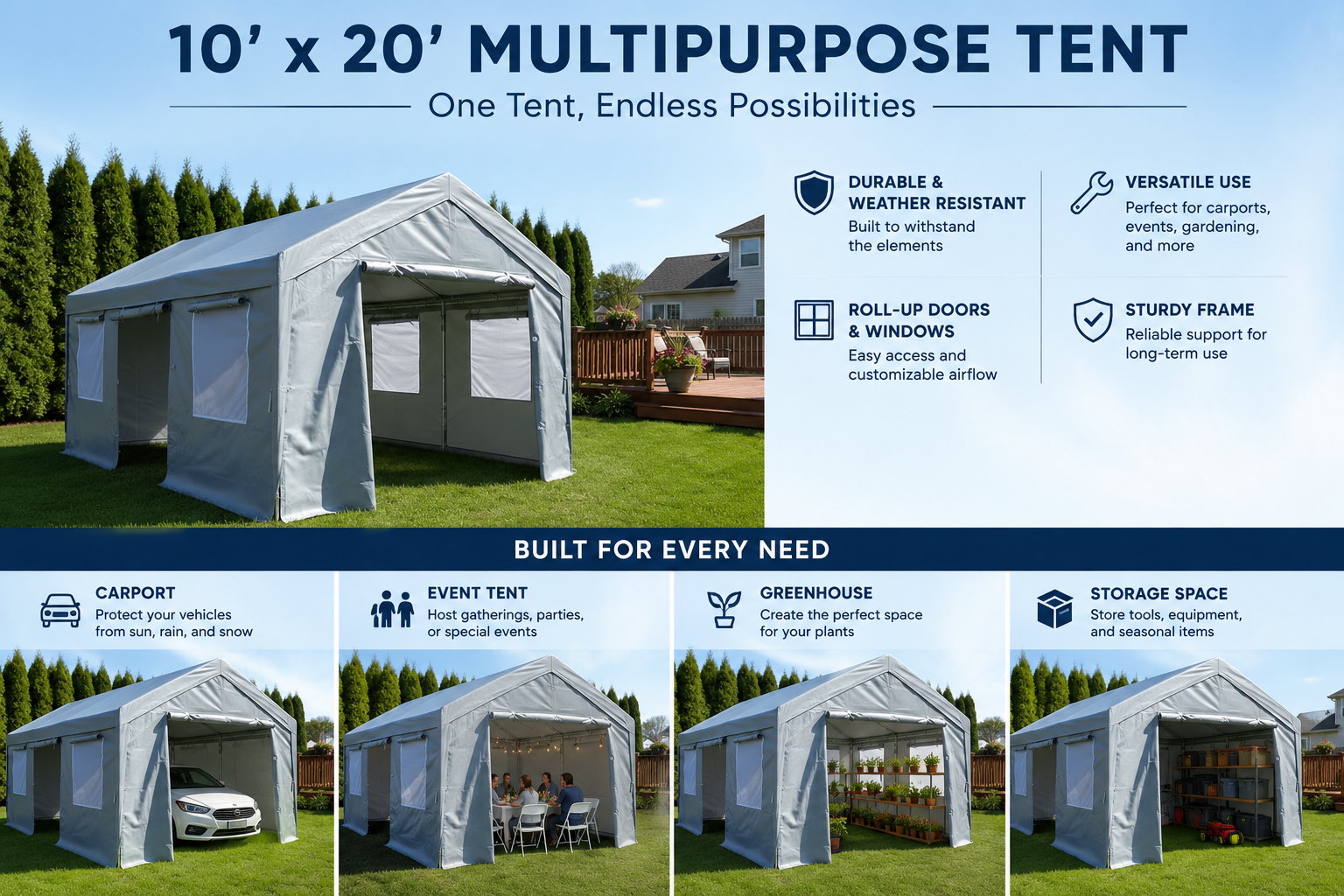 Heavy-Duty 10' x 20' Multi-Purpose Canopy Tent with Mesh Windows Multi Market World Inc.