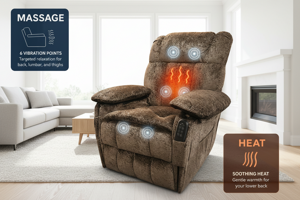 Chenille Power Lift Recliner Chair with Heat and Massage - Brown Multi Market World Inc.